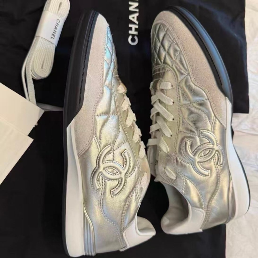 CHANEL Silver and White Quilted Sneakers